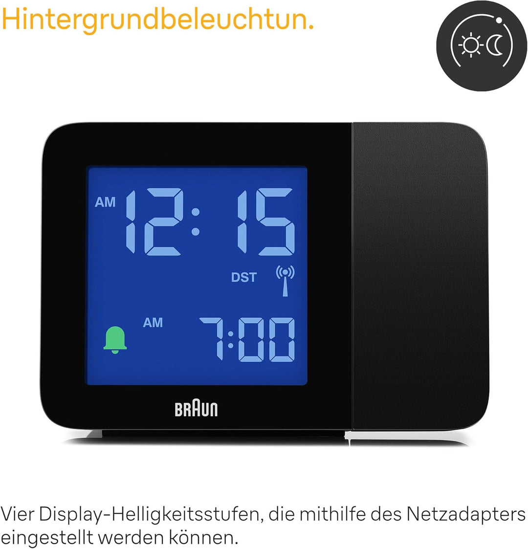 Braun Digitaler Funk-Projektionswecker für die mitteleuropäische Zeitzone (DCF) mit negativem LCD-Di