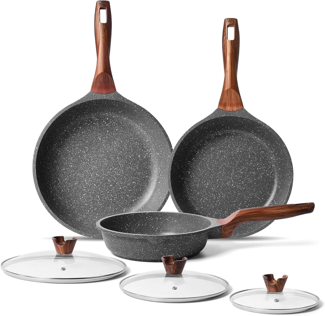 RIOVARM Induktion Bratpfanne Set 20 24 28 cm, Antihaft Granit beschichtung Pfannenset mit Deckeln, B