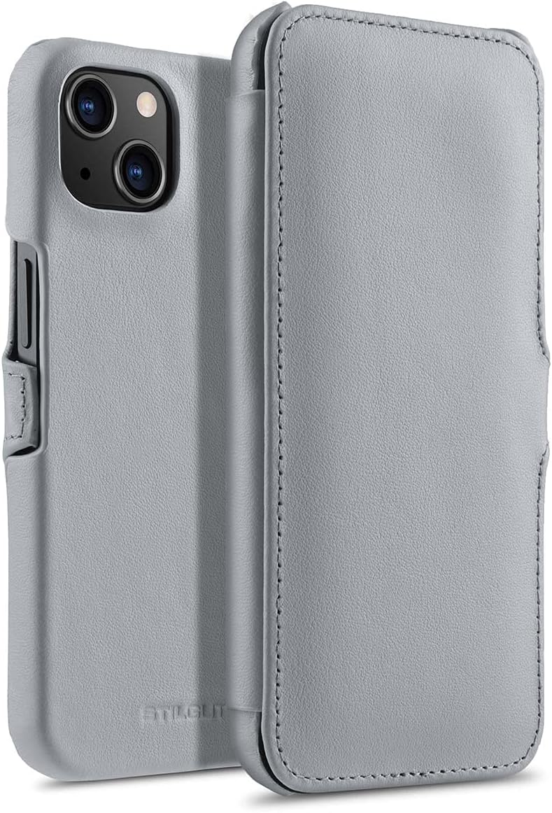 STILGUT Book Case kompatibel mit iPhone 13 (6.1“) Hülle aus Leder mit Clip-Verschluss, Klapphülle, H