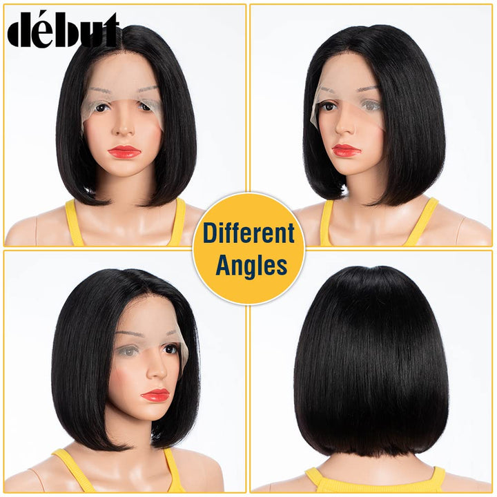 DÉBUT Glatte Bob Perücke, Echthaar, T-Teil, Spitzenfront, Bob-Perücke, vorgezupft, mit Babyhaar, 150