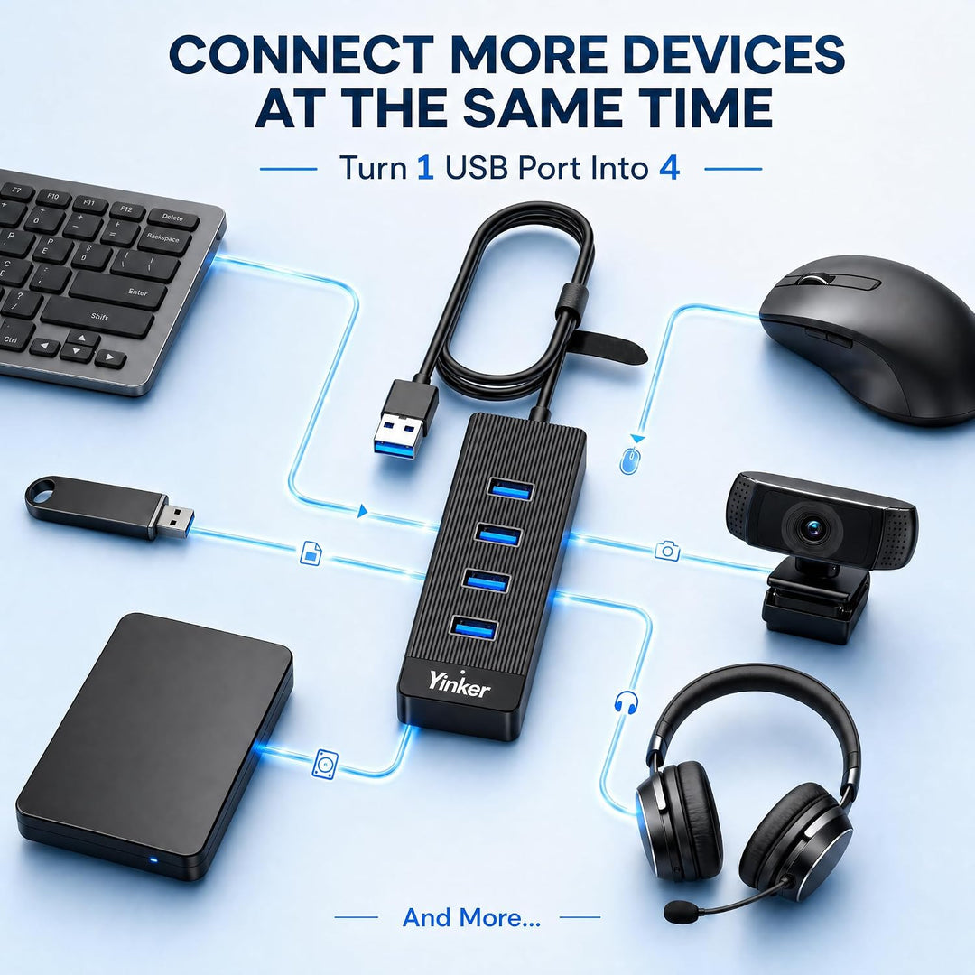 3m USB 3.0 Hub 4 Port 5Gbps Geschwindigkeit & 5V USB-C Stromversorgung – USB Hub Splitter für Büro,