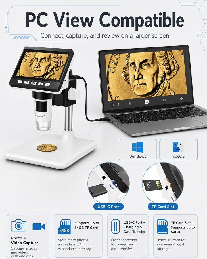AOPICK Mikroskop, LCD Digital Mikroskop 1000X 4,3-Zoll 1080P USB Mikroskop mit 8 einstellbaren LED L