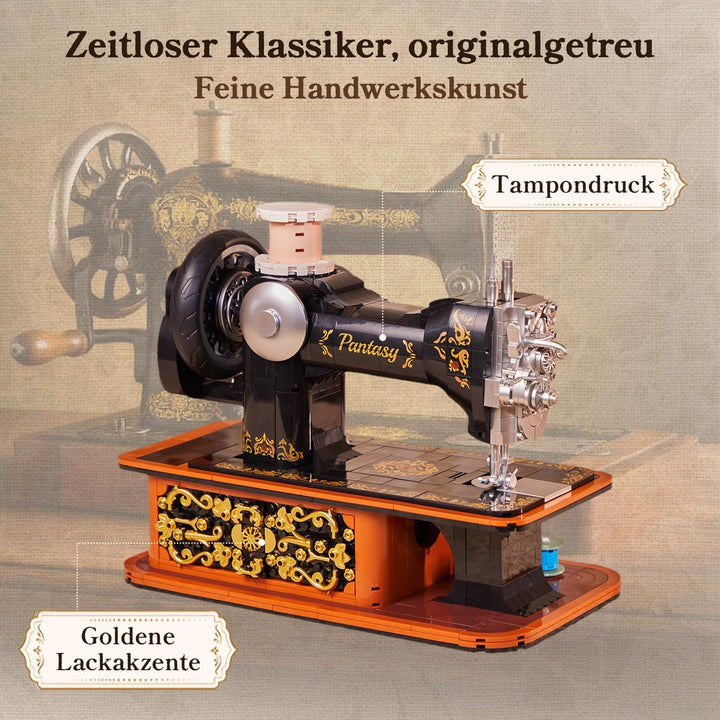 PANTASY Retro Nähmaschine Baustein-Modell, Vintage Handkurbel mit Funktionierendem Zahnrad-Mechanism