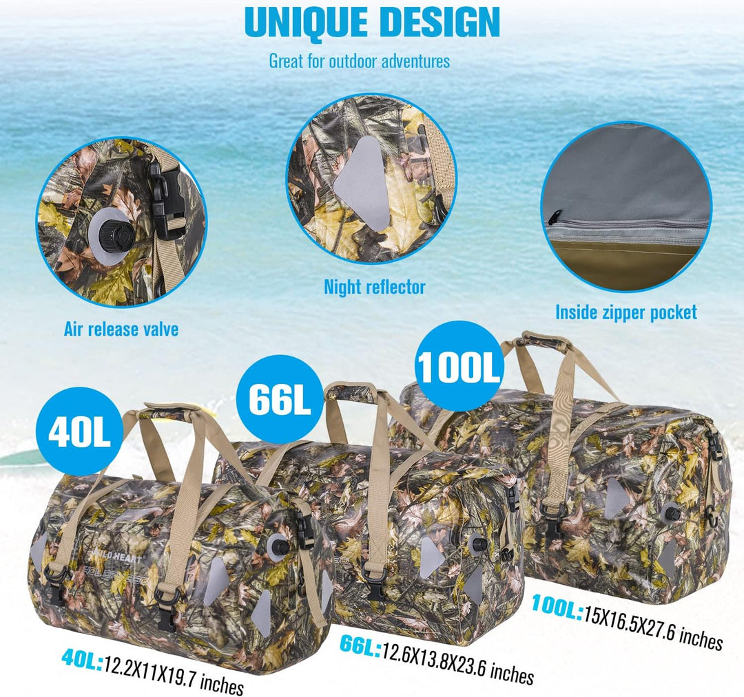 WILD HEART wasserdichte Reisetasche, 40 l 66 l, 100 l, mit verschweissten Nähten, Schultergurten, Ne