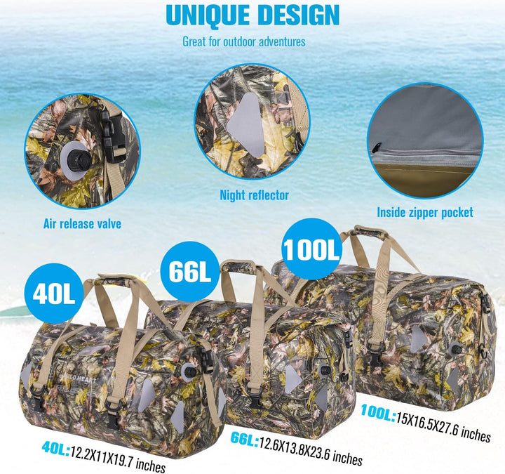 WILD HEART wasserdichte Reisetasche, 40 l 66 l, 100 l, mit verschweissten Nähten, Schultergurten, Ne