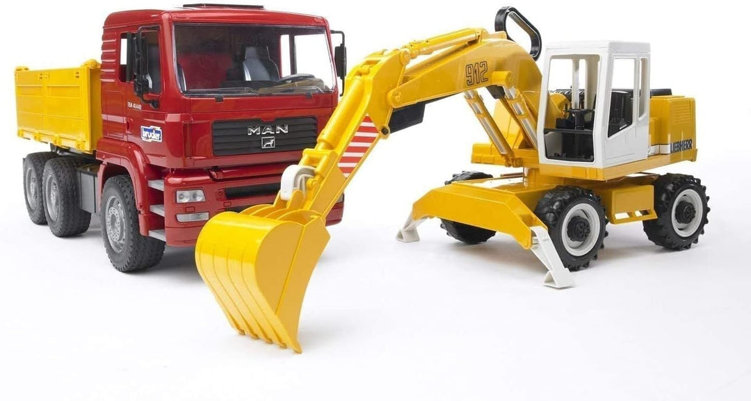 bruder 02751 - Man TGA Kipplastwagen mit Liebherr Schaufelbagger - 1:16 Baustelle Baufahrzeug Löffel