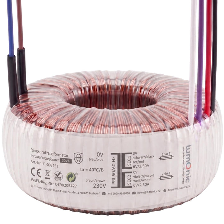 Sedlbauer Ringkerntrafo Transformator 30VA 2x6V für Audio, Industrie, Halogen und Schienensysteme -