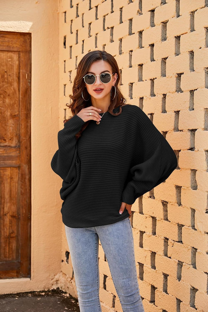 Fessceruna Damen Pullover Oversize Fledermausärmel Strickpullover Winter Rundhals Pulli Geripptes Sw
