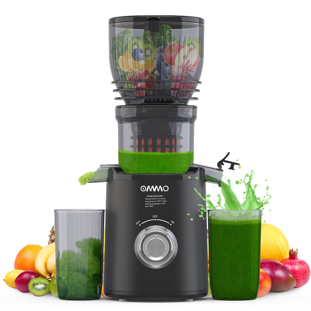 OMMO Entsafter Slow Juicer, 300W Entsafter Gemüse und Obst Testsieger Schwarz, Schwarz