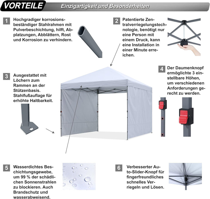 ABCCANOPY Faltpavillon UV50+ mit 2 Seitenwänden, Weiss 300 cm | 500D Polyester,wasserdicht, 4 Sandsä