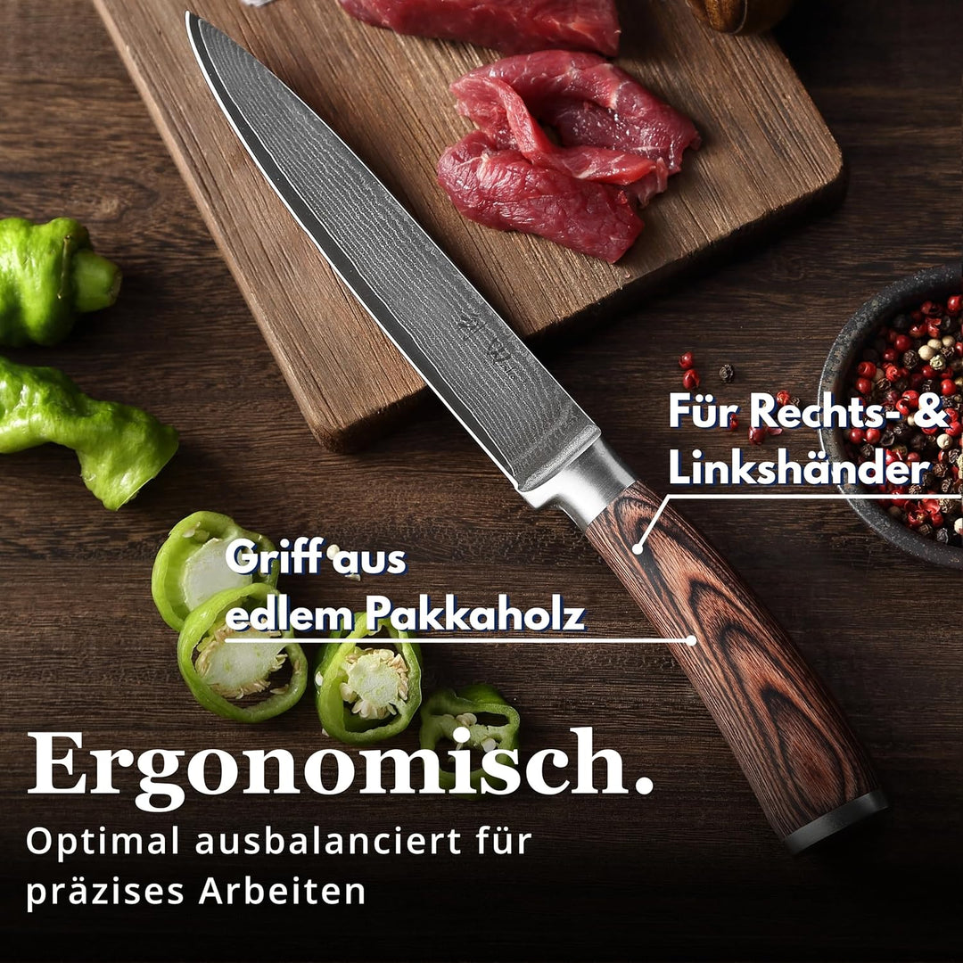Wakoli EDIB Damast Fleischmesser & Tranchiermesser aus echtem Damaststahl (VG10 Kern) mit 18 cm Klin