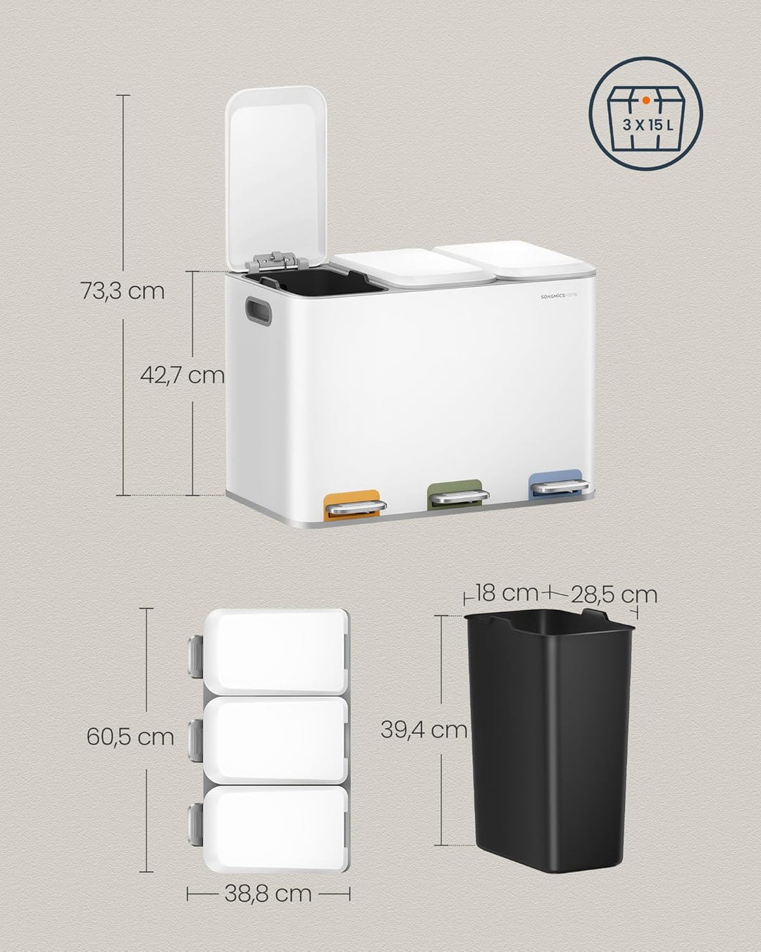 SONGMICS HOME Mülleimer Küche, 3 x 15 L Fächer, Abfalleimer mit farbcodierbaren Pedalen, Mülltrennsy