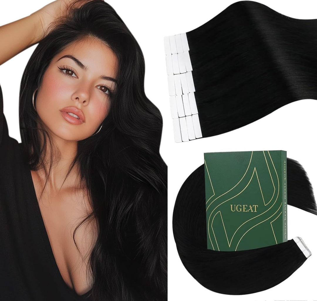 Ugeat 30cm Tape Extensions Echthaar Schwarz Haarverlangerung Tape Echthaar 30Gramm Unsichtbares Tape