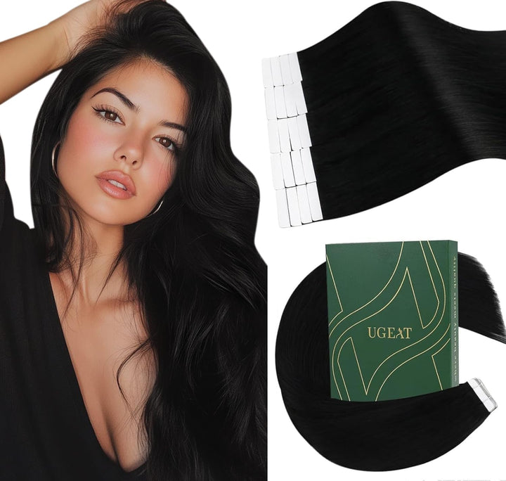 Ugeat 30cm Tape Extensions Echthaar Schwarz Haarverlangerung Tape Echthaar 30Gramm Unsichtbares Tape