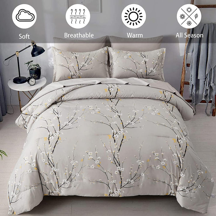 Lanqinglv Bettdecke 200x220cm Ganzjahresdecke 4 Jahreszeiten,Grau Weiss Blätter Blumenmuster Steppde