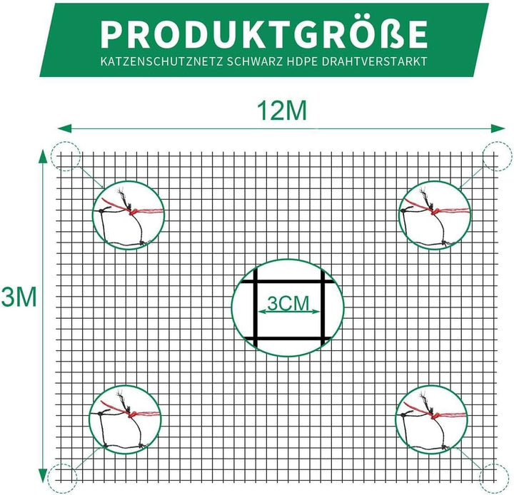 Tatamiyya Katzennetz für Balkon, 12x3m Katzennetz Drahtverstärkt ist Robust UV-Beständig & Witterung