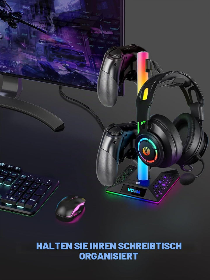 VCOM RGB Gaming Kopfhörer Ständer mit 10-Licht Modi, Controller Halter mit 2 USB Ports, PC Gaming Zu