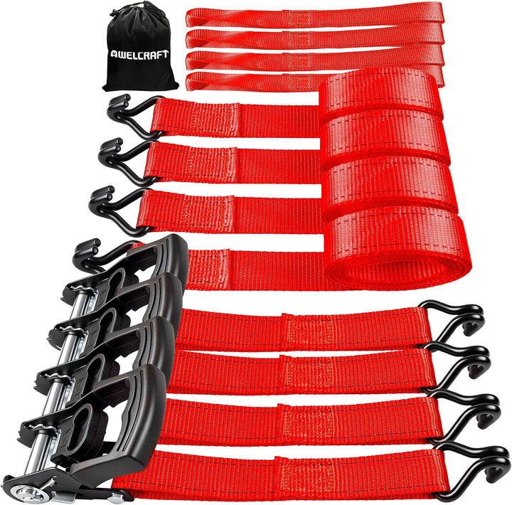 AWELCRAFT 4 Stück Ratsche Spanngurte – 1500 kg Bruchfestigkeit, 3,8 cm x 3 m, Rote Spanngurte mit ge