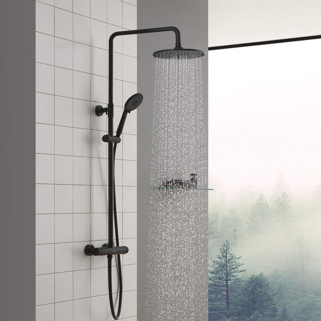CECIPA Duschsystem Schwarz mit Thermostat 38 °C, Edelstahl Duschgarnitur mit Duscharmatur Schwarz Ma
