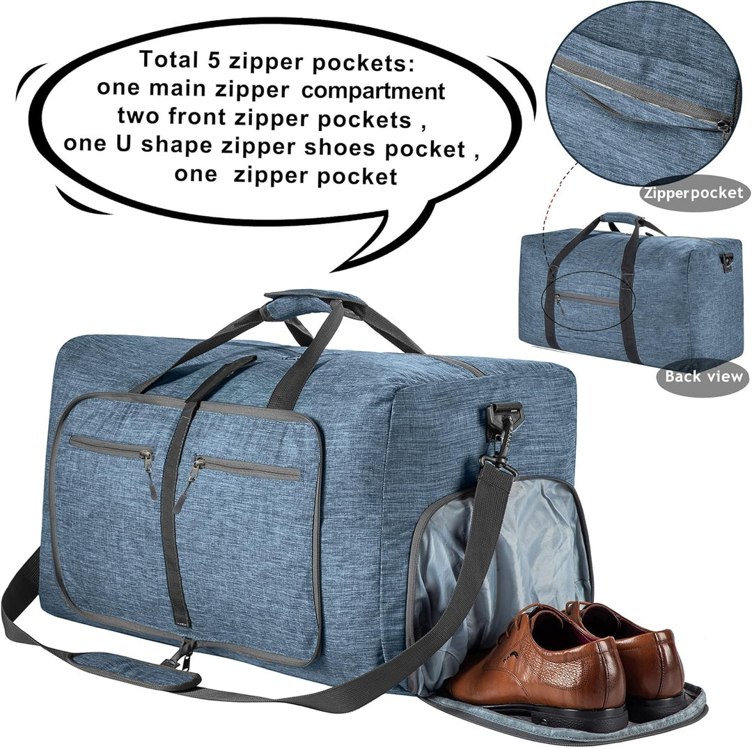 Vomgomfom Leichte Faltbare Reisetasche Gross 65L Sporttasche Damen Herren mit Schuhfach, Travel Duff