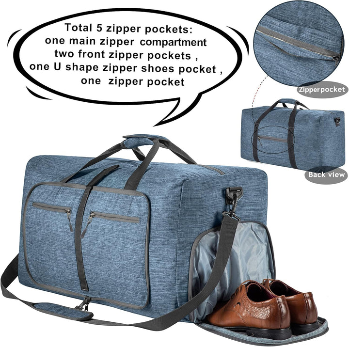 Vomgomfom Leichte Faltbare Reisetasche Gross 65L Sporttasche Damen Herren mit Schuhfach, Travel Duff