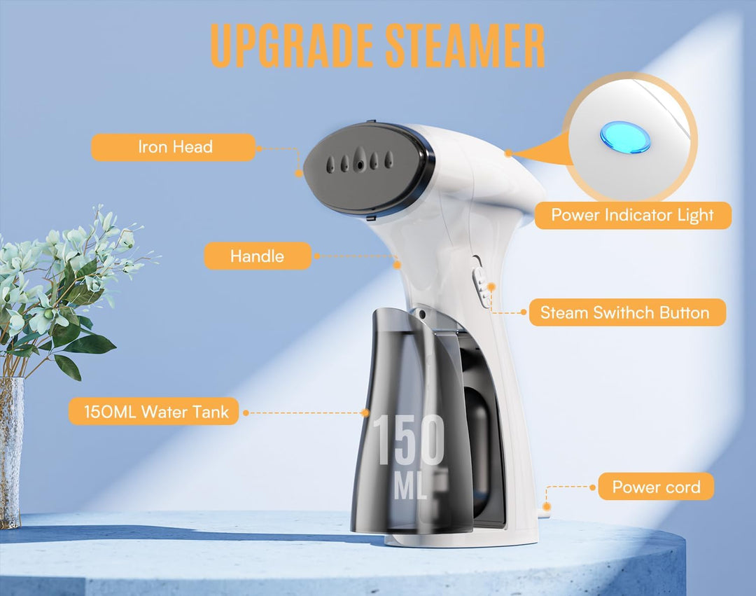 Steamer Dampfglätter 1600W, 25 g/min Dampfleistung, Tragbarer Dampfglätter, Reise Steamer mit Abnehm