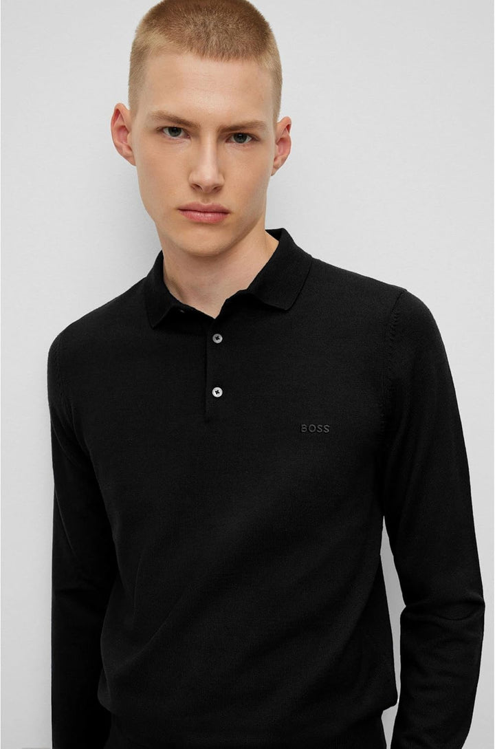 BOSS Herren Bono-L Pullover aus Schurwolle mit Polokragen und Logo-Stickerei M Schwarz, M Schwarz