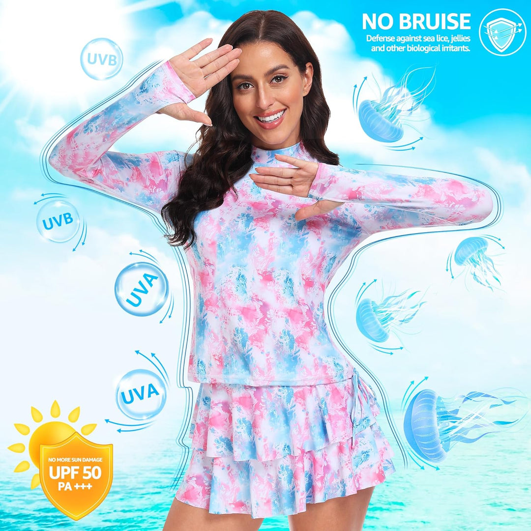 UNIQUEBELLA Rash Guard Damen, UV-Schutz UPF 50+ Langarm Surf Shirt mit Schönen Mustern Bademode Bade
