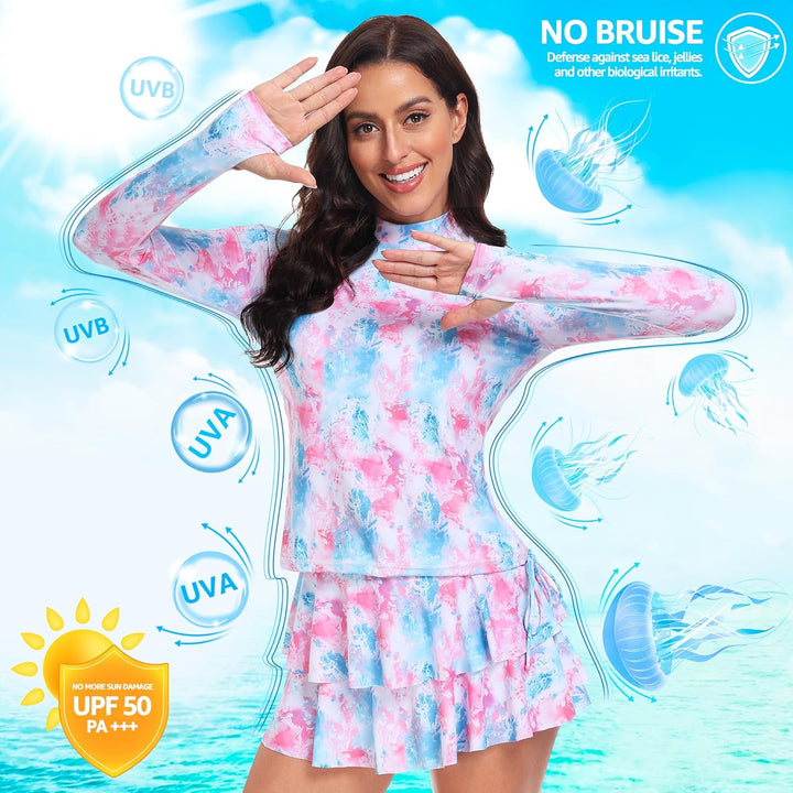 UNIQUEBELLA Rash Guard Damen, UV-Schutz UPF 50+ Langarm Surf Shirt mit Schönen Mustern Bademode Bade