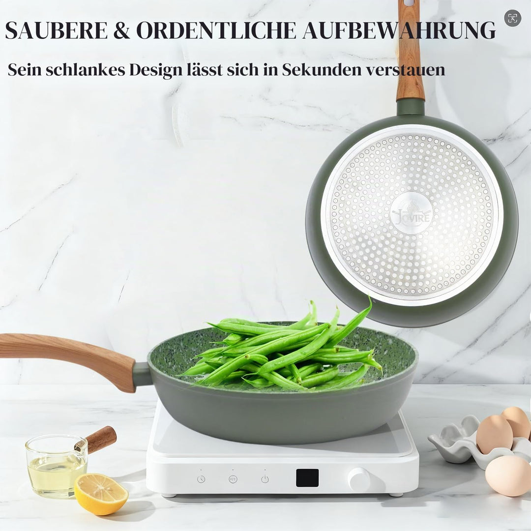 Leichte Antihaftbeschichtete Bratpfanne mit Holzgriff, Keramik-Aluminium, PTFE PFOA-frei, (24cm+28cm
