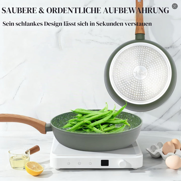 Leichte Antihaftbeschichtete Bratpfanne mit Holzgriff, Keramik-Aluminium, PTFE PFOA-frei, (24cm+28cm