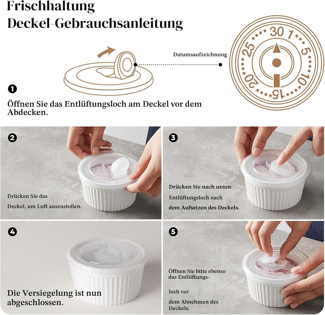 DOWAN Creme Brulee Schälchen Set mit Deckel, 6 X 235 ml Antihaft Souffle Förmchen Backofenfest, Porz