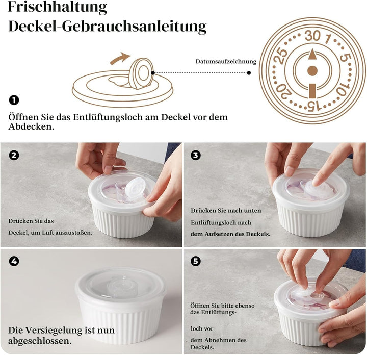 DOWAN Creme Brulee Schälchen Set mit Deckel, 6 X 235 ml Antihaft Souffle Förmchen Backofenfest, Porz