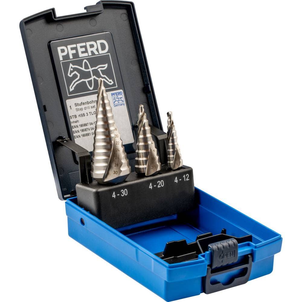 PFERD HSS Stufenbohrer-Set, 3-tlg. | 9-14 Stufen Ø 4-30 mm, 3-Flächenschaft | 25201046 – zum gratfre