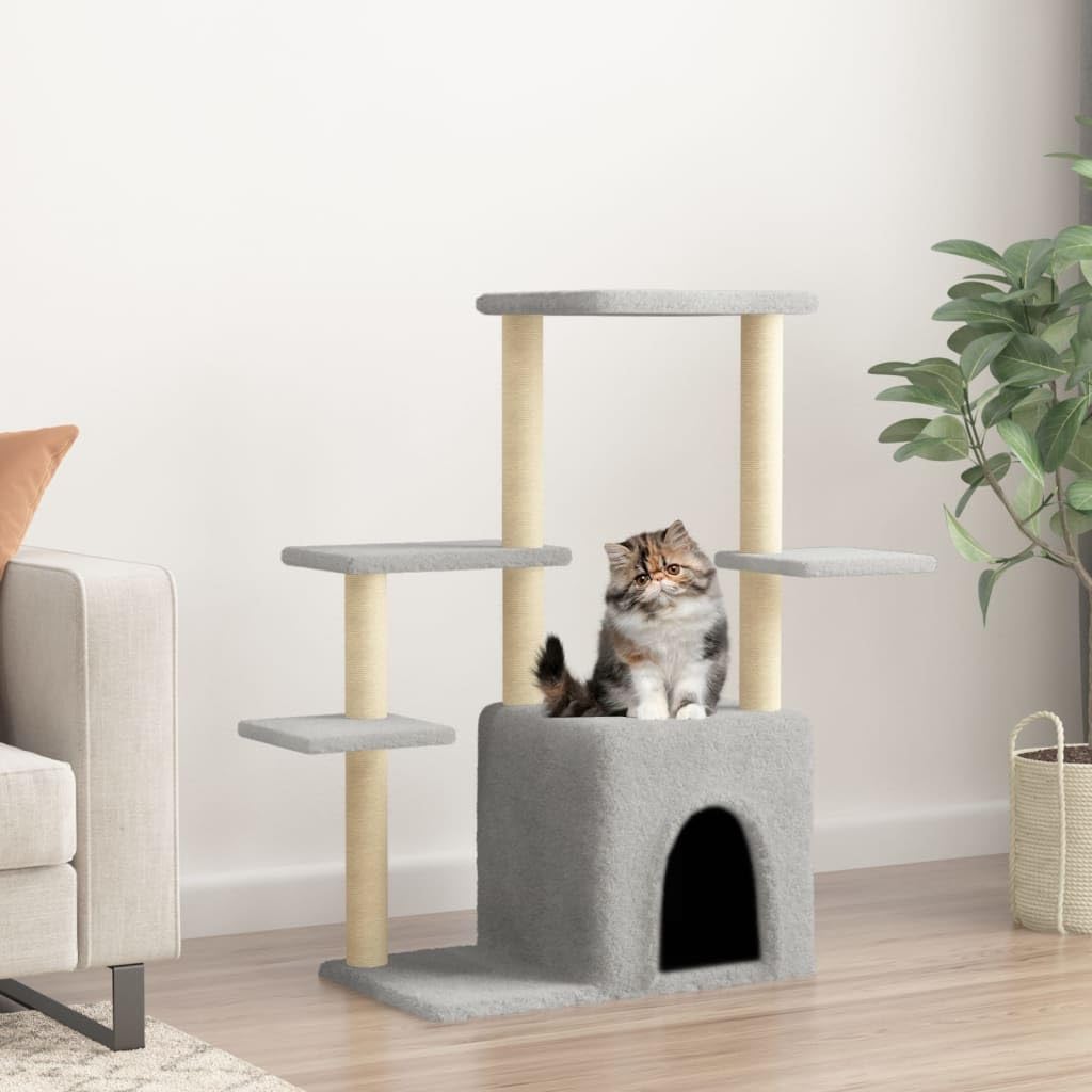 Kratzbaum mit Sisal-Kratzsäulen für Katzen 97,5 cm höhenverstellbar, Holz-Wohnung mit Hängematte, Li
