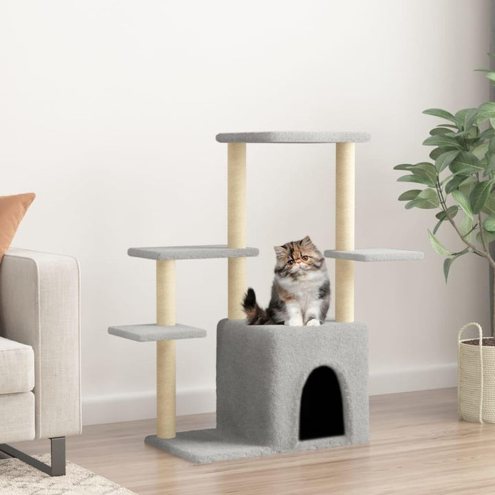Kratzbaum mit Sisal-Kratzsäulen für Katzen 97,5 cm höhenverstellbar, Holz-Wohnung mit Hängematte, Li