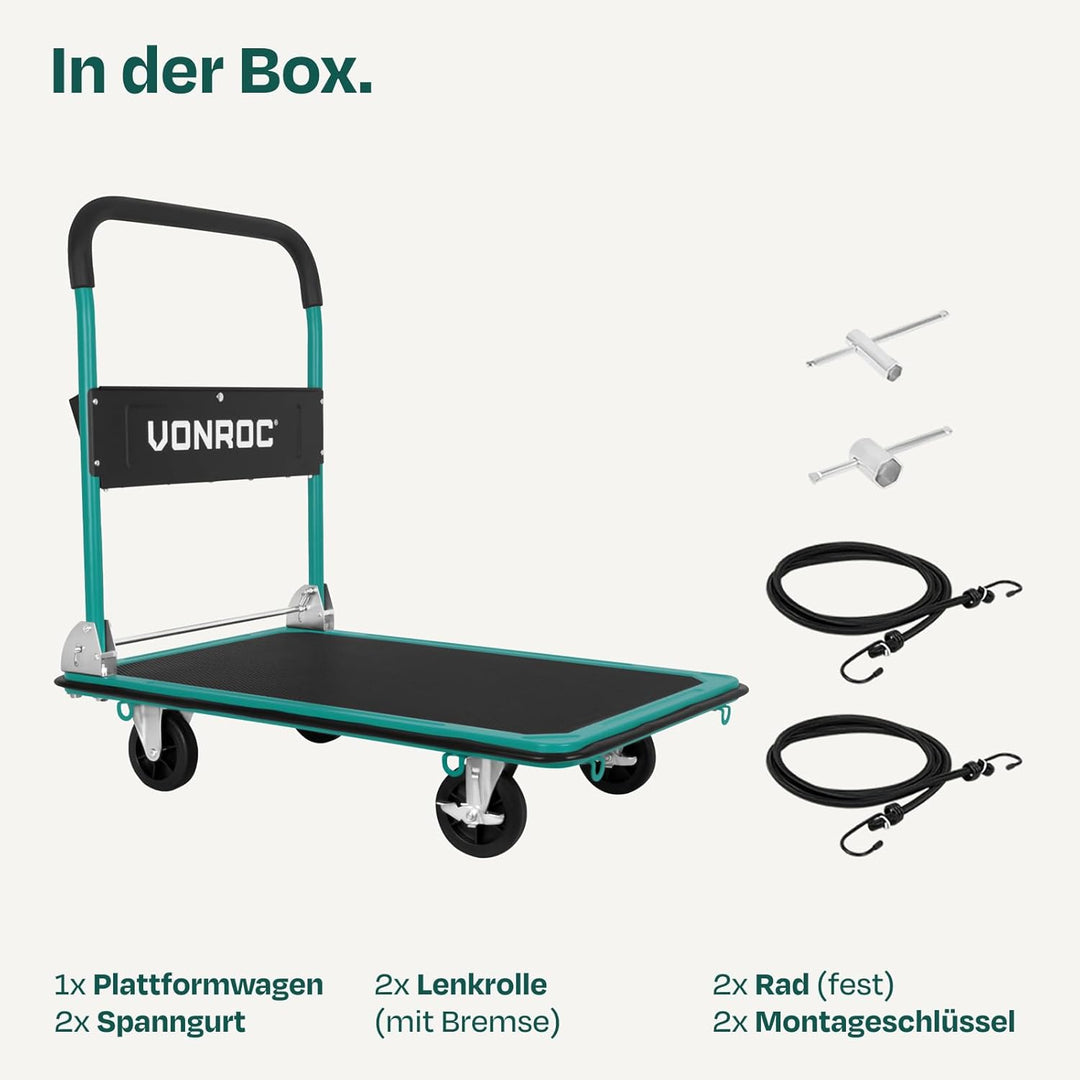 VONROC Transportwagen klappbar 300kg - Plattformwagen als Transporthilfe - Rollwagen mit Griff 300 k