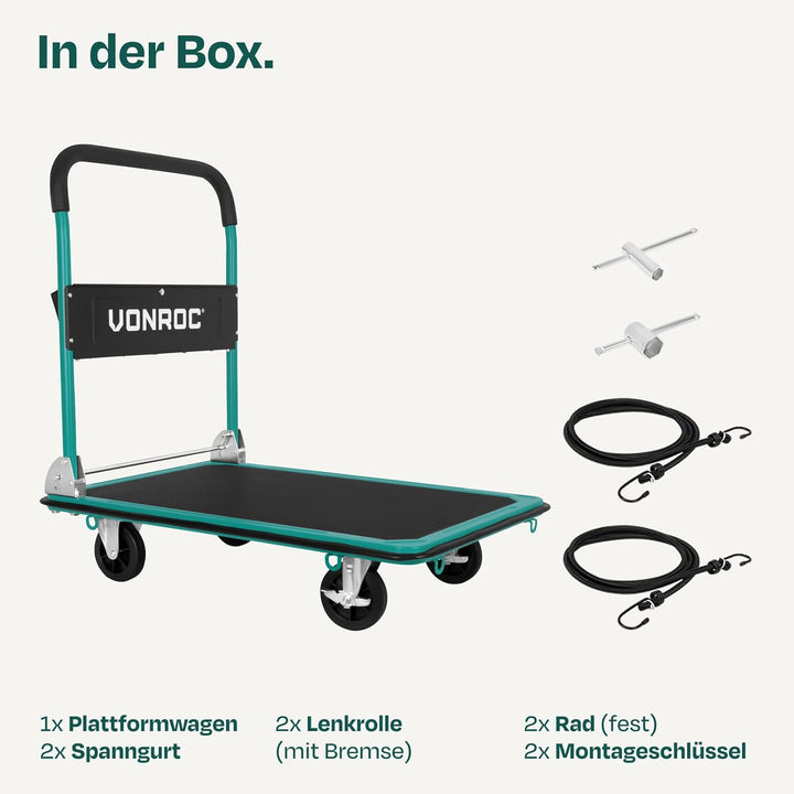 VONROC Transportwagen klappbar 300kg - Plattformwagen als Transporthilfe - Rollwagen mit Griff 300 k