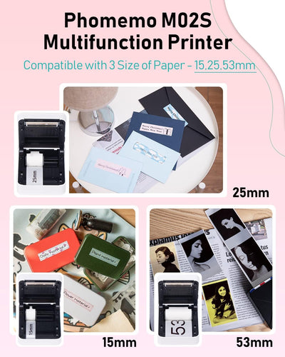 Phomemo M02S Taschendrucker, 300 DPI Mini Drucker für Smartphone Thermodrucker mit 6 Papierrollen, K