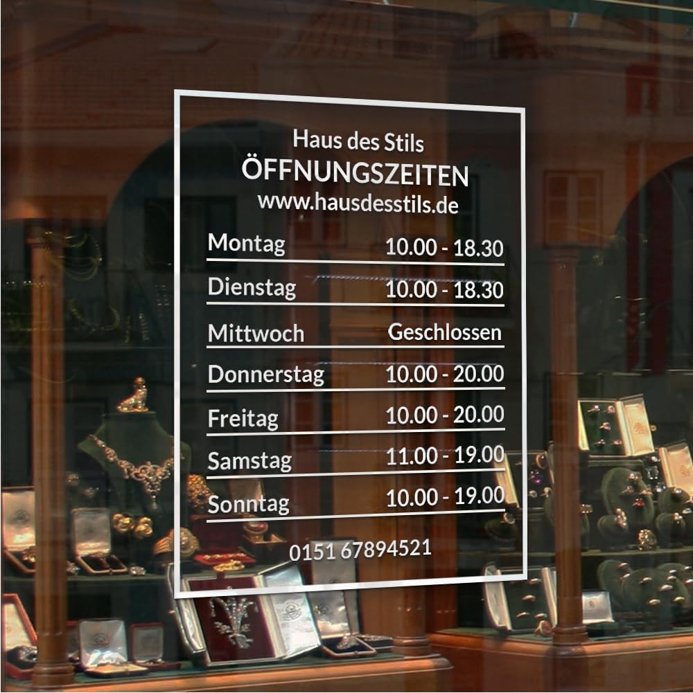 Öffnungszeiten Aufkleber für Schaufenster, personalisierbar (Design 1), Design 1