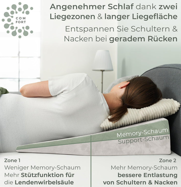 Keilkissen für Bett und Couch, Matratzenkeil, Reflux Kissen [mit 2 Liegezonen], Lesekissen zur Schla
