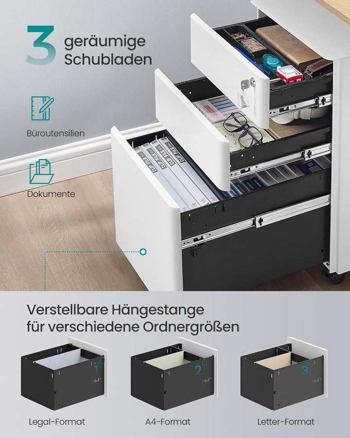 SONGMICS Schubladenschrank, Rollcontainer mit 3 Schubladen, abschliessbarer Aktenschrank, vormontier