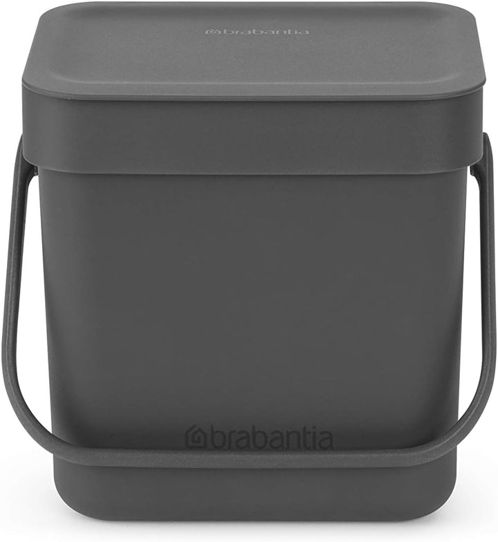 Brabantia Sort & Go Abfalleimer mit Deckel 3 L (grau), platzsparender Biomüll Behälter mit Griff, ab