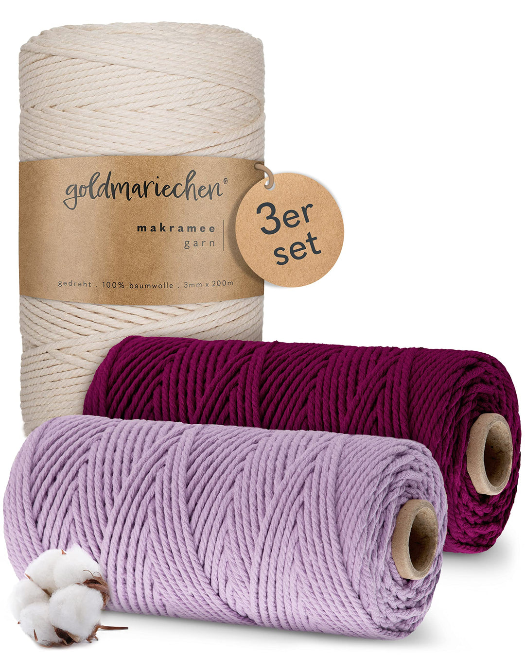 goldmariechen Premium Makramee Garn 3er Set (Naturell, Beere, Lavendel) | 3mm | 100% Baumwolle | pla