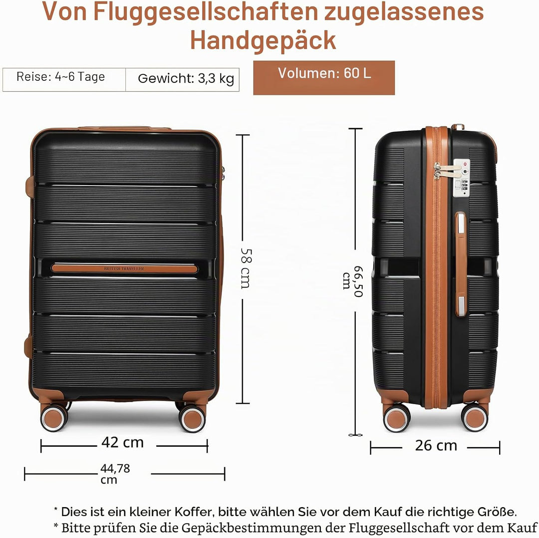 British Traveller Koffer Trolleys Set Hartschalenkoffer Reisekofferset 100% PP Handgepäck Rollkoffer