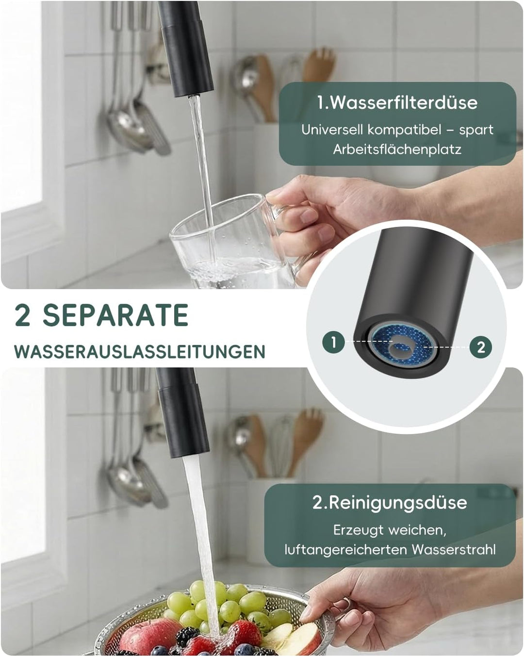 DAYONE 3 Wege Schwarz Wasserhahn Küche Flexibel, 3 in 1 Mischbatterie für Wasserfilter Osmose, 360°