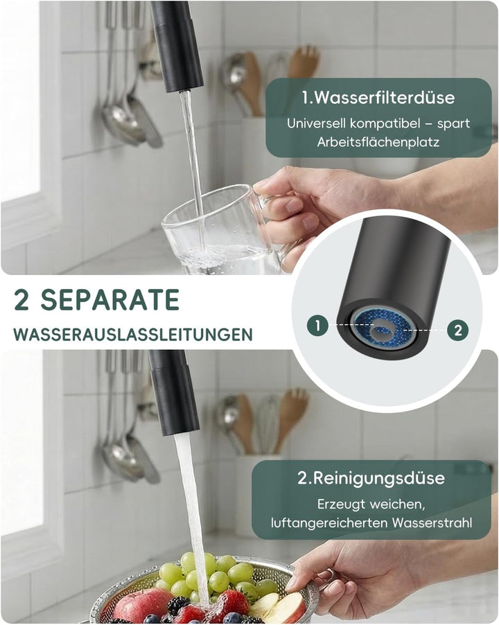 DAYONE 3 Wege Schwarz Wasserhahn Küche Flexibel, 3 in 1 Mischbatterie für Wasserfilter Osmose, 360°