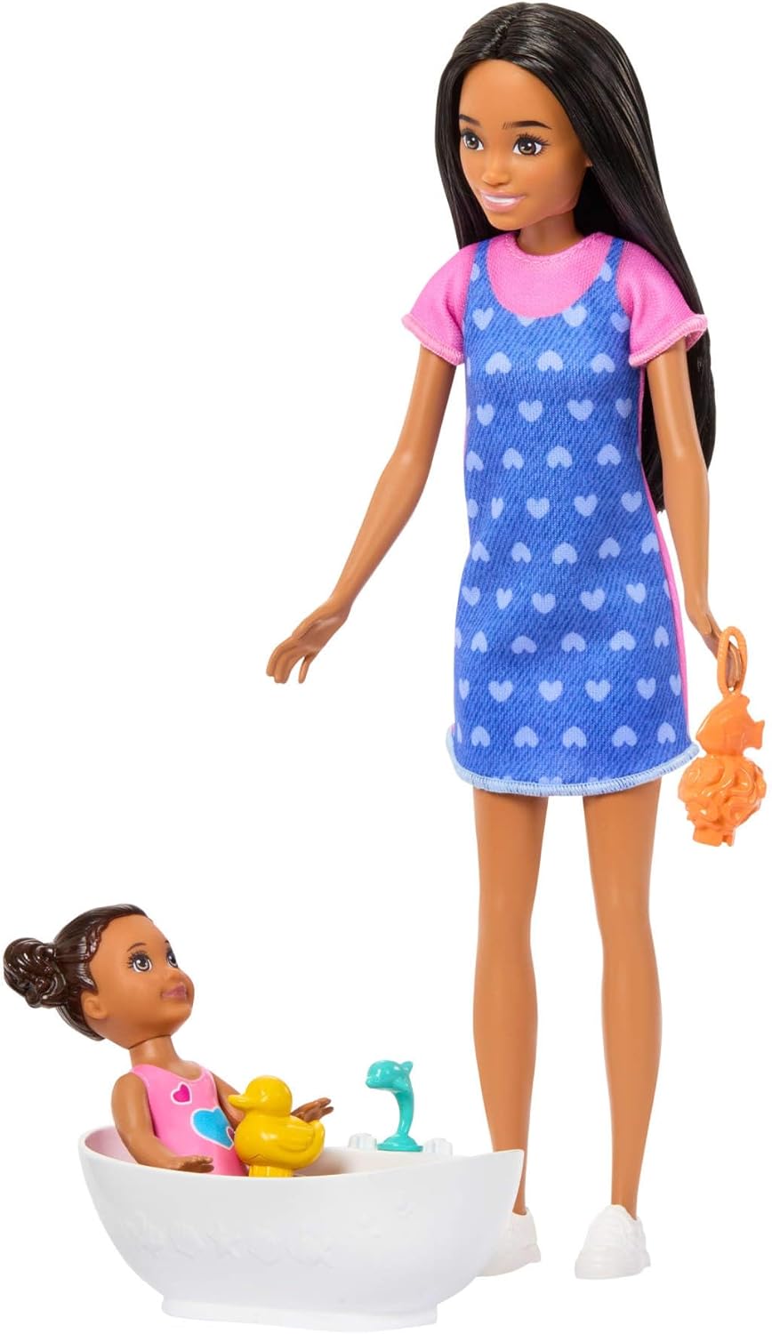 Barbie Skipper Babysitters Inc. Spielset mit brünetter Puppe, brünetter Kleinkind-Puppe, Badewanne u