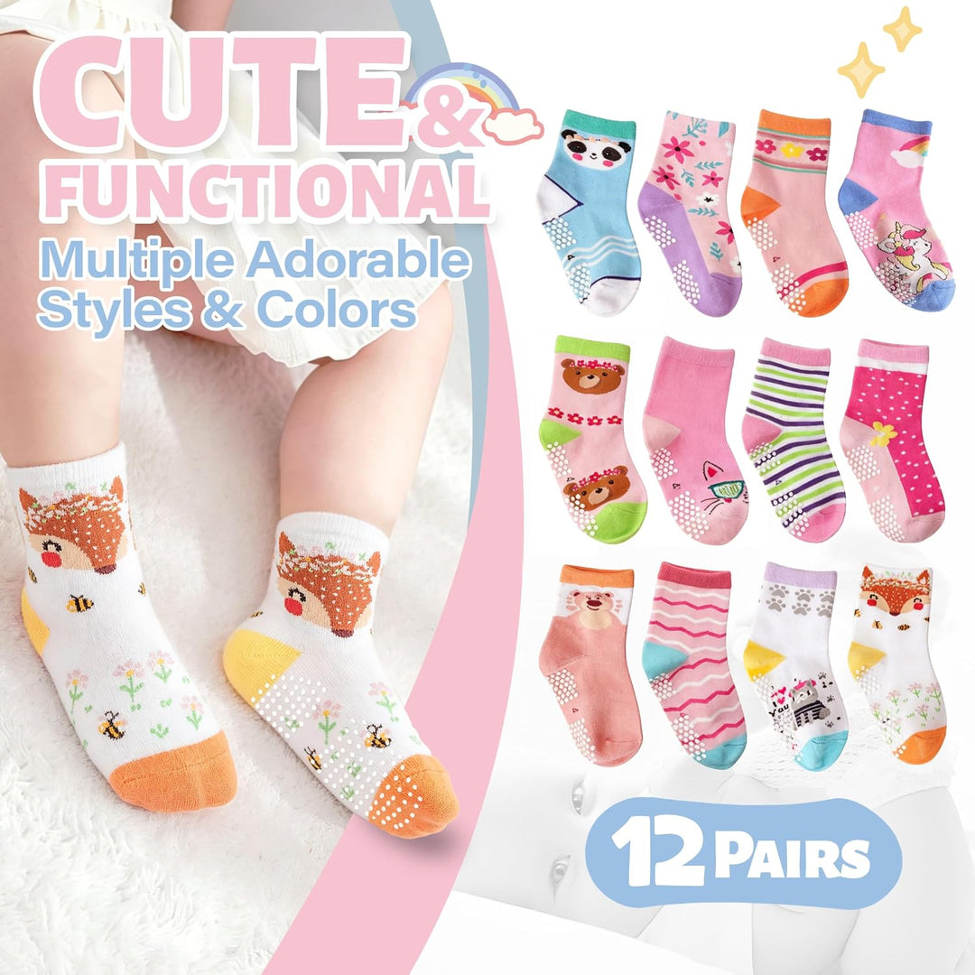 ANTSANG 12 Paare Stoppersocken Kinder Baby Mädchen Socken Anti Rutsch / Rutschfeste Socken Baumwolle