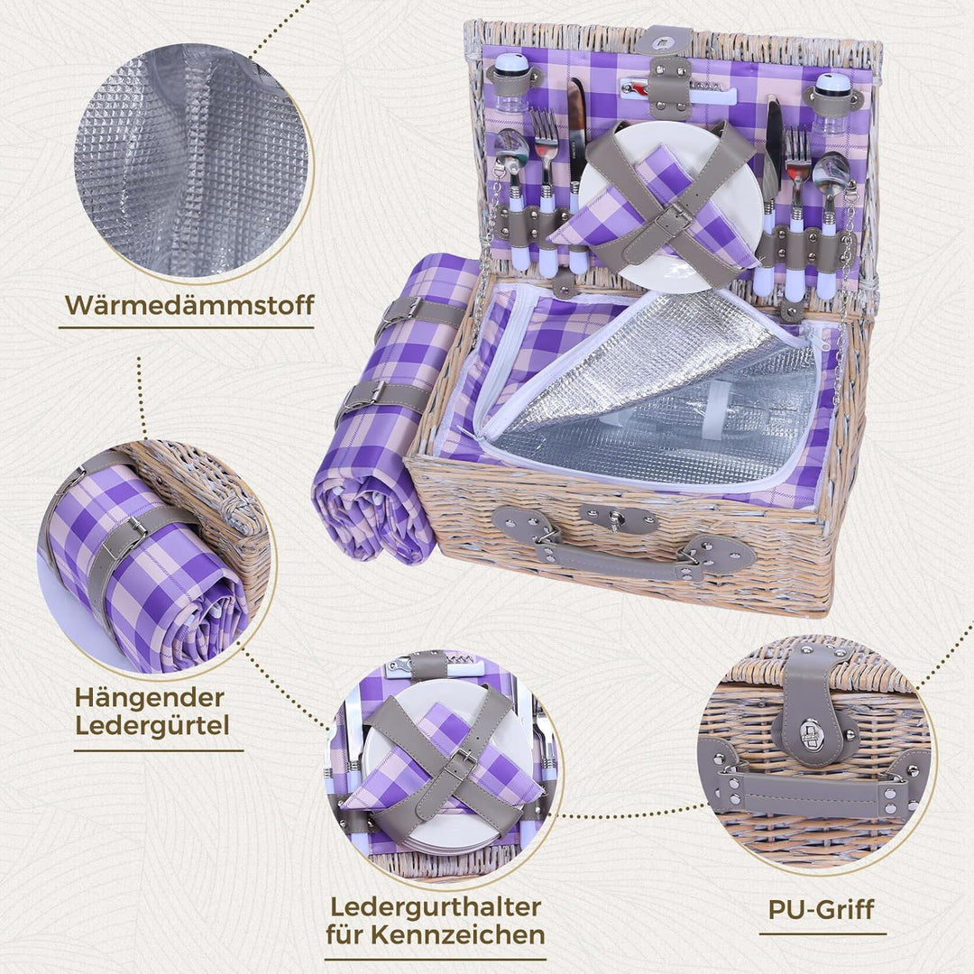 HYBDAMAI Picknickkorb Set für 4 Person mit Kühlfach und wasserdichte Picknickdecke, Abnehmbarer Riem